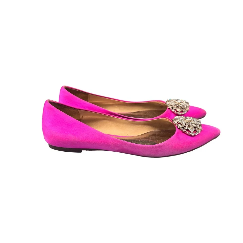 Size 7.5 - Badgley Mischka Davis Pink Satin Pointed Toe Crystal Brooch Flats